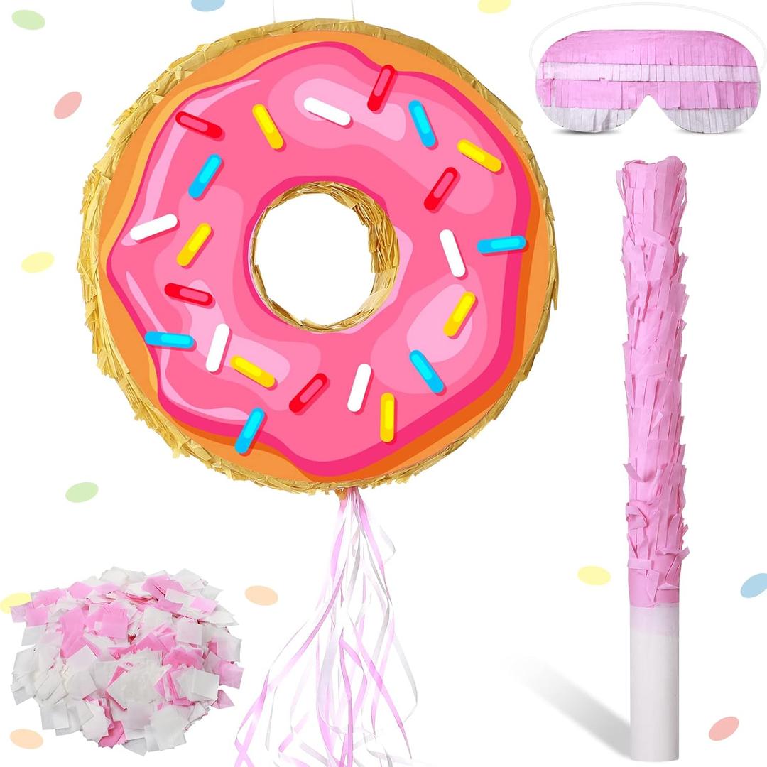 Donut Piata with Strings 12 Inch Small Doughnut Piata with Pink White Stick Blindfold Confetti for Boy Girl Donut Grow up Birthday Party Anniversary Celebration Cinco De Mayo Fiesta Decor Supplies