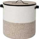 Storage Basket with Lid, 15"x13" Round Woven Blanket Storage for Living Room, Decorative Cotton Rope Hamper with Zipper Top, Wicker Basket with Lid, Floor Covered Kids Dog Toy Bin
