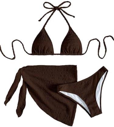 SHENHE Women's 3 Piece Textured High Cut Halter Triangle Bikini Swimsuit with Cover Up, Medium, Brown 