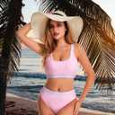 Women's Sporty Two Piece Swimsuits High Waisted Athletic Bikini Sets for Women Color Block Bathing Suit with Bottoms (Pink, S)