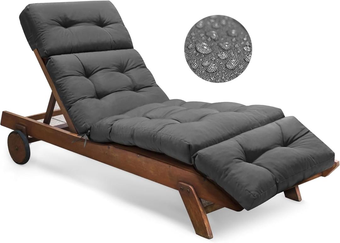 Outdoor Chaise Lounge Chair Cushion Waterproof 74.4 x 22 x 4.7 Inches Memory Foam Lounge Chair Cushions Replacement for Outdoor Furniture with Ties, Thickened Pool Lounge Chair Cushions, Grey