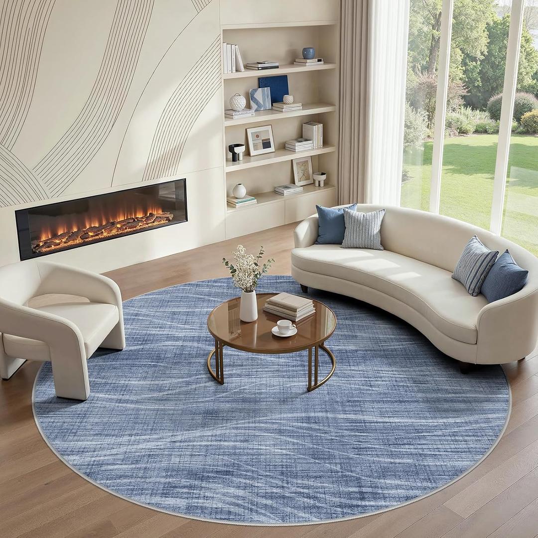 WITSHOCK 8ft Round Rugs for Living Room, Modern Striped Design Area Rug, Large Rug for Bedroom Dining Room Office Nursery, Soft Thin Non-Slip Carpets for Home Decor, Blue