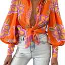 BTFBM Women Fashion Button Down Shirts V Neck Printed Solid Boho Long Sleeve Blouses Dressy Casual Summer Fall Tops (Medium, Floral Orange Purple)