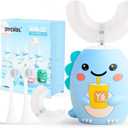Kids U Shaped Electric Toothbrush with 4 Brush Heads, Sonic Toothbrush Kids with 5 Modes, Cartoon Dinosaur 360-Degree Cleaning IPX7 Waterproof Design (6-12 Age (Blue))