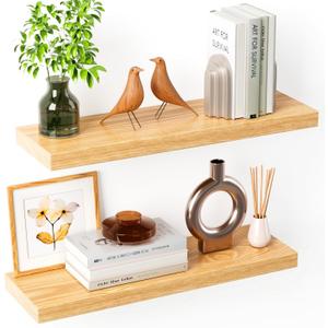Solid Wood Live Edge Floating Shelves Set of 2  24" Rustic Wall Shelf with Hidden Bracket System, Wall Mounted Shelves for Bathroom, Kitchen, Living Room, Bedroom (Raw Wood)