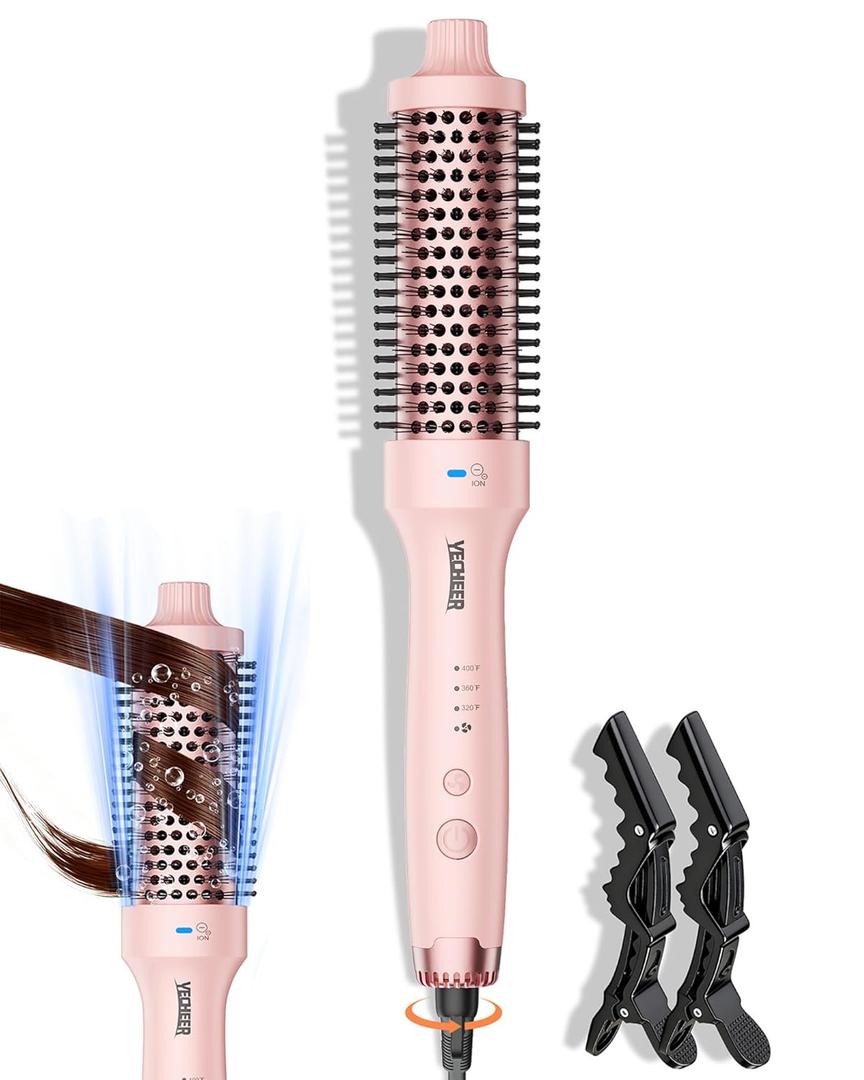 Thermal Brush for Blowout Look, 360 Airflow Heated Round Brush with 2 Negative Ions Release for Less Frizzy, 1.5 Inch Dual Voltage Heated Curling Brush for Travel, Dual PTC Heating Technology, Pink