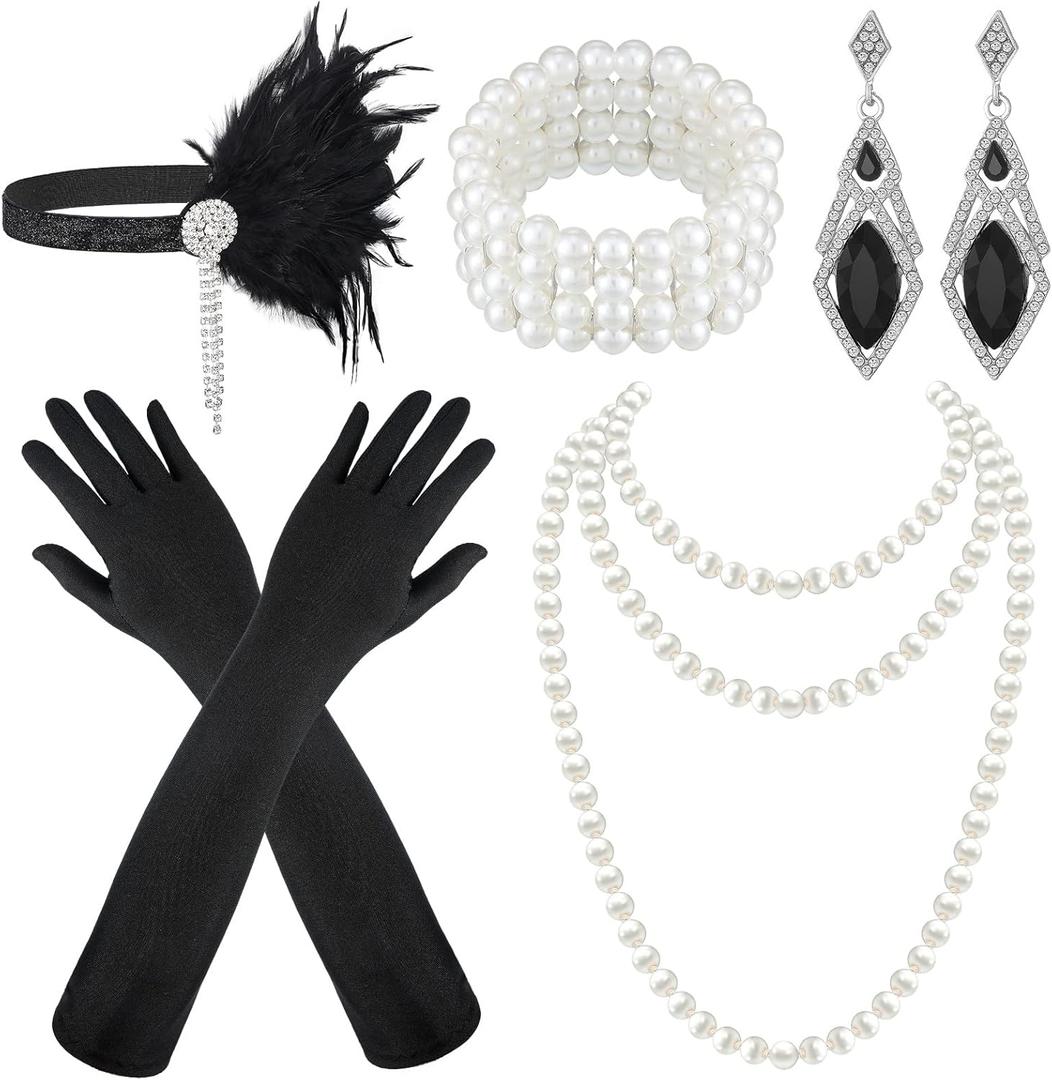 Maitys 1920s Accessories Set for Women Flapper Costume Feather Headband Necklace Bracelet Earrings