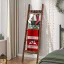 Blanket Ladder for Living Room, Decorative Quilt Rack with 4 Removable Hooks, 5-Tier Farmhouse Ladder Holder Shelf Organizer for Bedroom, Rustic Brown and Black 02101BBR