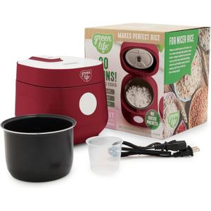 GreenLife Digital Rice Cooker, 2-Cups Uncooked/4-Cups Cooked, Removable Nonstick Ceramic PFAS-Free Pot, One-Touch Presets, Oats, Quinoa, Brown Rice, Auto Keep Warm, Fuzzy Logic Tech, 1.5QT, Red