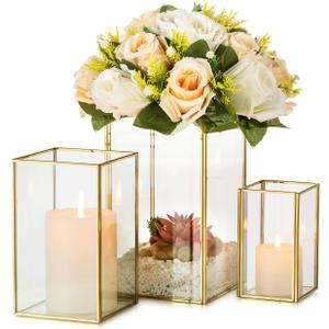 Glass Hurricane Candle Holder Large - Hewory 3pcs Gold Rectangle Flower Holders Centerpiece for Table, Tall Floor Square Pillar Candle Lantern for Wedding, Anniversary, Party, Fireplace, Dining Room