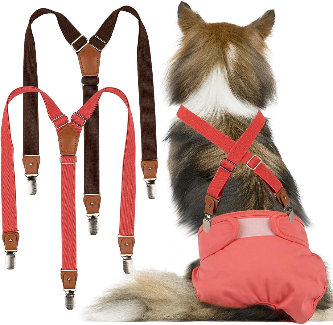 Pet Soft Dog Suspenders 2 Pieces Female Dog Diaper Suspenders for Dogs Diaper Keeper Suspender for Doggy Skirt, Dress, Diapers (Brown & Red, M/L)
