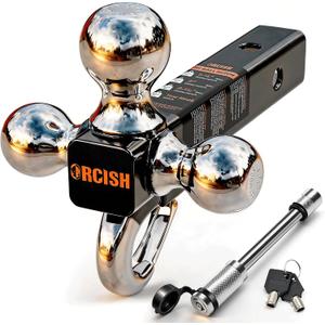ORCISH Tri-Ball Trailer Hitch with Self-Lock Latch & Hook, Chrome Trailer Ball Size 1-7/8", 2" and 2-5/16", Fit 2 Inch Hitch Receiver, Anti-Theft Locking Tow Hitch Mount, 10,000 lbs Max Capacity