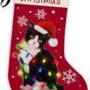 Black Cat Christmas Stocking 18 Inches, Cat Christmas Decor,Cat Stockings Christmas, Cat Lights Xmas Stockings, Hanging Christmas Stockings for Kids, Cat Fireplace Christmas Tree Decorations