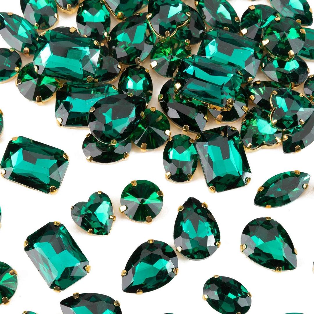 48PCS Emerald Crystal Sew On Rhinestones Gold Prong, Assorted 6 Large Shapes No Tiny Pieces, Sewing Gems for Costume Bags Shoes Jewelry Making