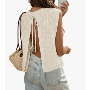 GORGLITTER Women's Y2k Open Back Tie Sweater Vest Bow Backless Cropped Knit Tank Tops Sleeveless Pullover Top Ivory XS
