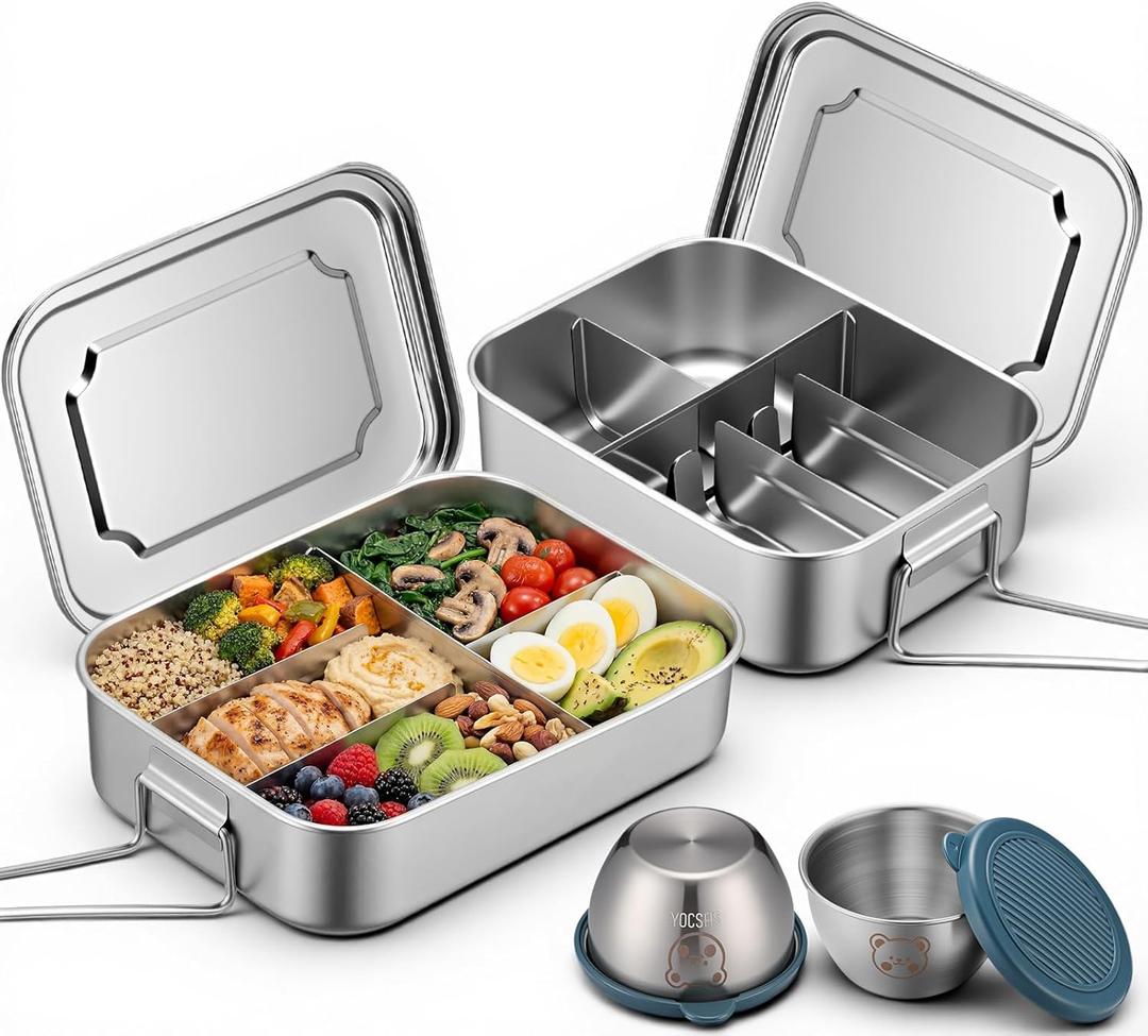 2 Pack Stainless Steel Bento Box 5 Compartment Kit 50oz/1500ml Metal Bento Lunch Box Container with Handle and 2 Pcs 80ml Round Sauce Cups Leak Proof Lockable Clips for Kids or Adults