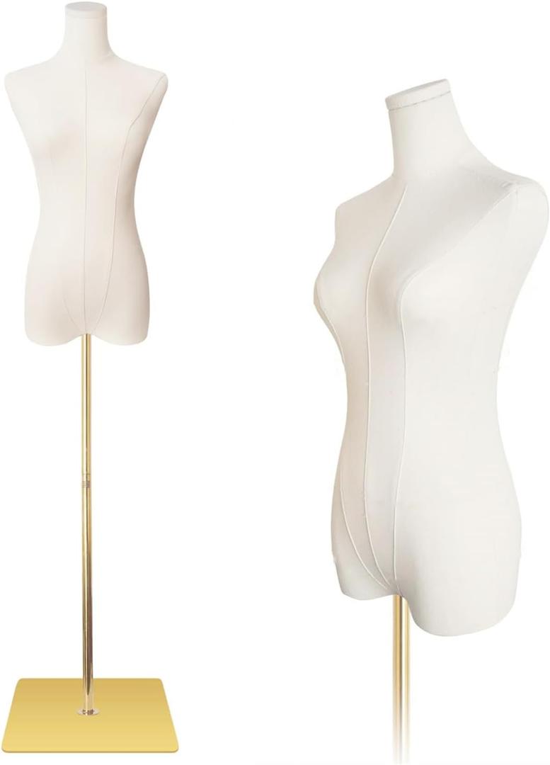 EaseHome Dress Form Mannequin Body, 50”-70”Height Adjustable Female Beige Linen Fabric Manikin Torso,Model Display Body Stand with Detachable Silver Metal Bracket and Rectangular Base