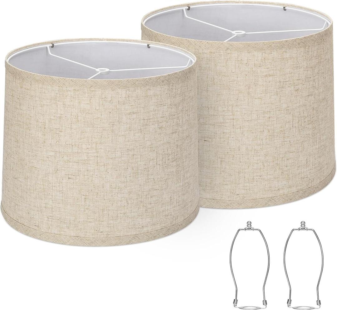 Lampshades Set of 2, Drum Lampshades 11.6" Top x 12.6" Bottom x 9.8" High, Seaside village Medium Lampshades (Spider Fitter), Beige Lampshades Natural Linen Hand Crafted, Easy Assembly Required