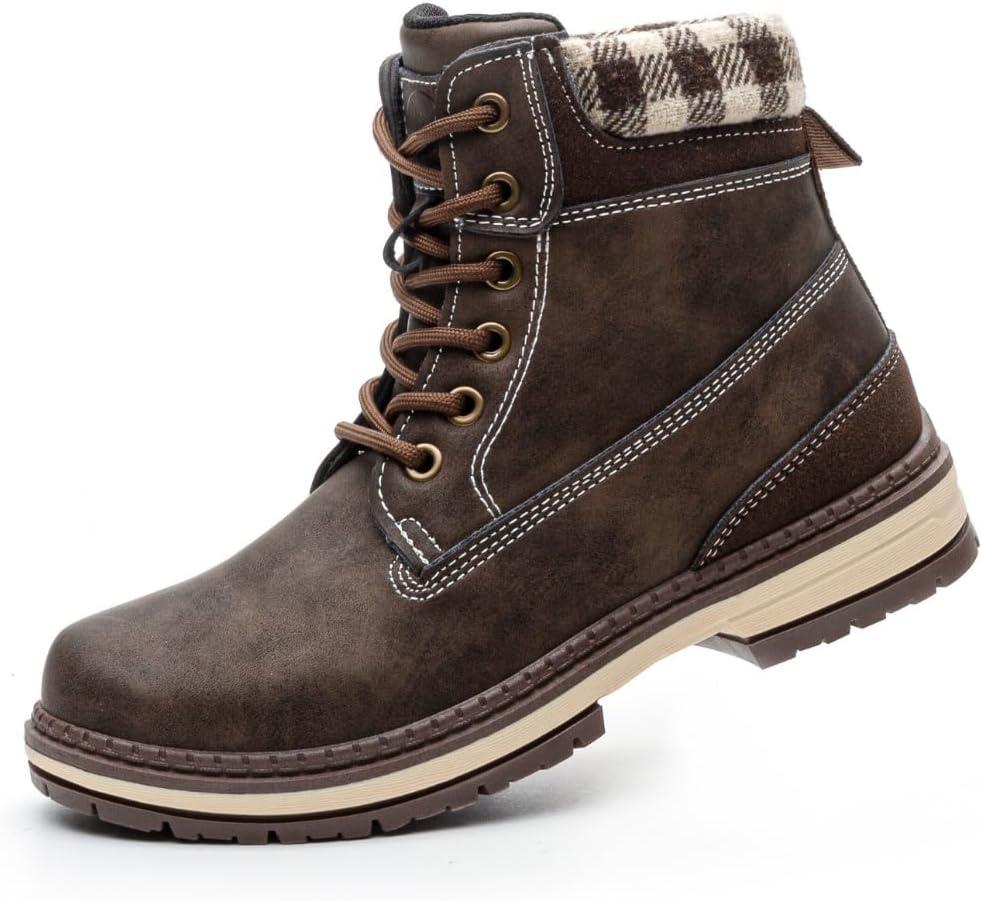 Women Work Boots - Hiking Waterproof Ankle Shoes Lightweight Brown Plaid Cotton Lined, Size 9.5