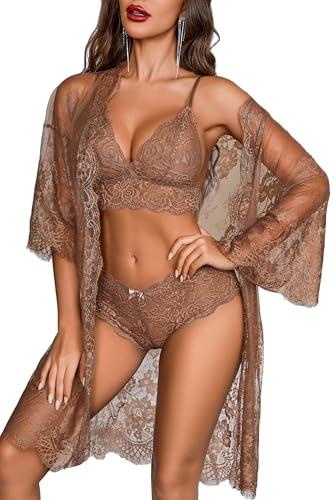 Avidlove Women Sexy Lingerie Set 3 Piece Bra and with Panty Lace Kimono Robe Sheer Sleepwear, L