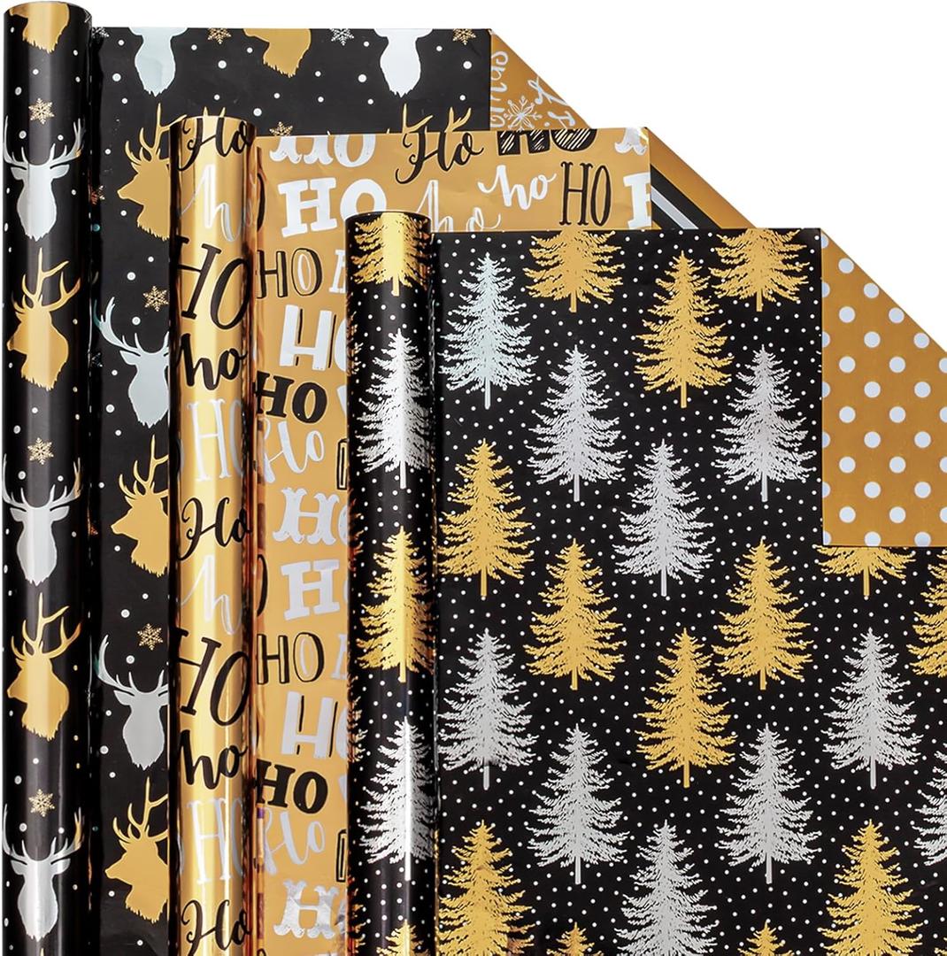 2 x Garbendy Black Gold Foil Christmas Wrapping Paper Roll - Mini Roll - 17 inch X 120 inch Per roll - Reversible 3 Different Design with Glitter Metallic Foil Shine (42.5 sq.ft.ttl)