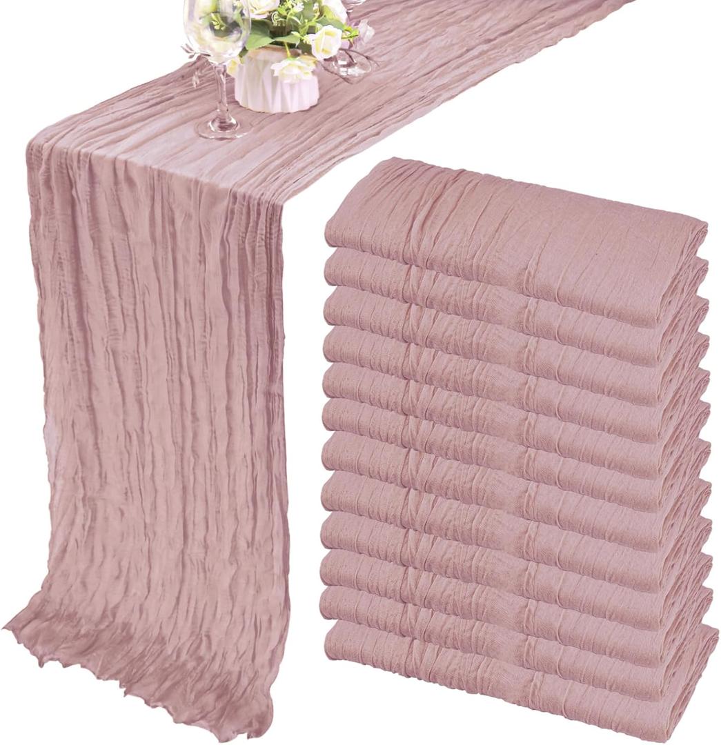 12 Pack Cheesecloth Table Runner 35x72 Inch Boho Gauze Rustic Cheese Cloth Long Romantic Table Runner for Wedding Bridal Shower Birthday Party Table Decor (Dusty Pink)
