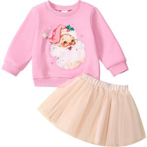Toddler Girl Christmas Outfit Santa Claus Sweatshirt+Tutu Gauze Skirts Winter Clothes 1-7 Years (Pink)