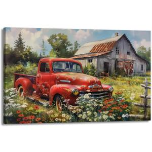 Farmhouse Canvas Wall Art Old Barn Red Truck Pictures Watercolor Wildflower Landscape Painting Framed Artwork for Living Room Bedroom Decor(Artwork-1,12"x18")