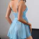 Sexy Babydoll Sheer Mesh Lace Lingerie Dress Set with Thong 2 Piece (Blue, L)