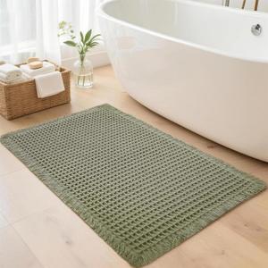 Waffle Bathroom Rugs, Super Absorbent Boho Bath Mats, Non-Slip Shower Mats for Bathroom Floor and Tub, Ultra Soft Waffle Weave Runner Mat, Quick Dry, Olive Green, 24x36 Inch