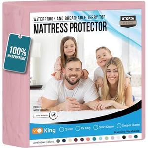 Utopia Bedding Waterproof Mattress Protector King Size, Premium 200 GSM Terry Mattress Cover, Soft & Breathable Bed Cover, Fitted Sheet Style with Stretchable Deep Pockets 17" (Pink)