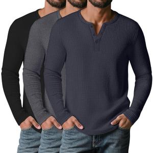 3 Pack Men’s Waffle Henley Shirts, Long Sleeve Button Tops Casual Basic T-Shirts Lightweight Knit Pullover Large