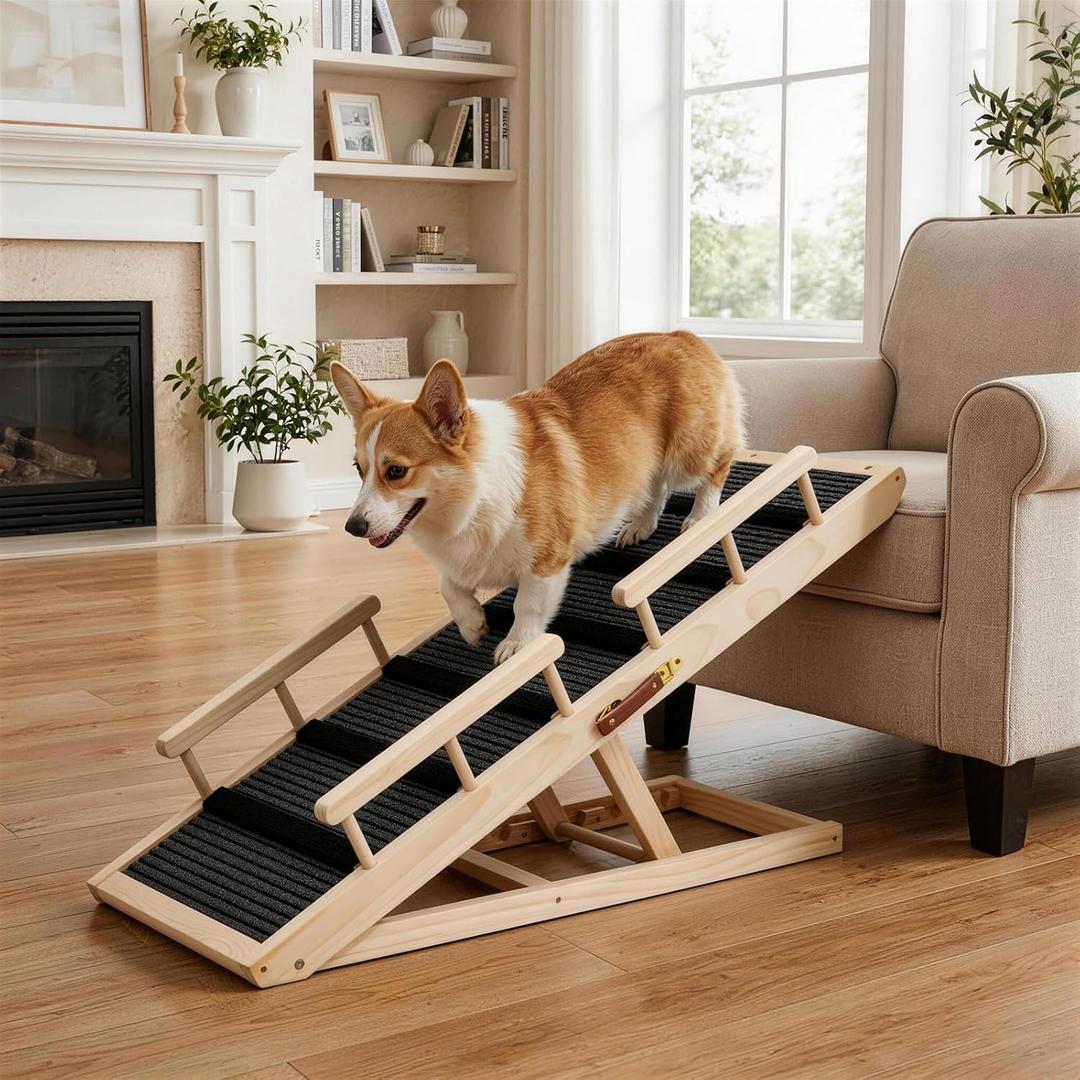 Dog Ramp for Bed, with Rails, 41.5" L, 17.5" W Extra Wide Wooden Pet Ramp for Large Dogs, 5 Heights Adjustable, Foldable Portable Dog Ramp for Couch Bed Car, Anti-Slip Carpet Surface, 220 lbs Capacity