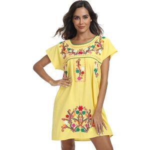 Women Mexican Embroidered Dress Short Sleeve, XL