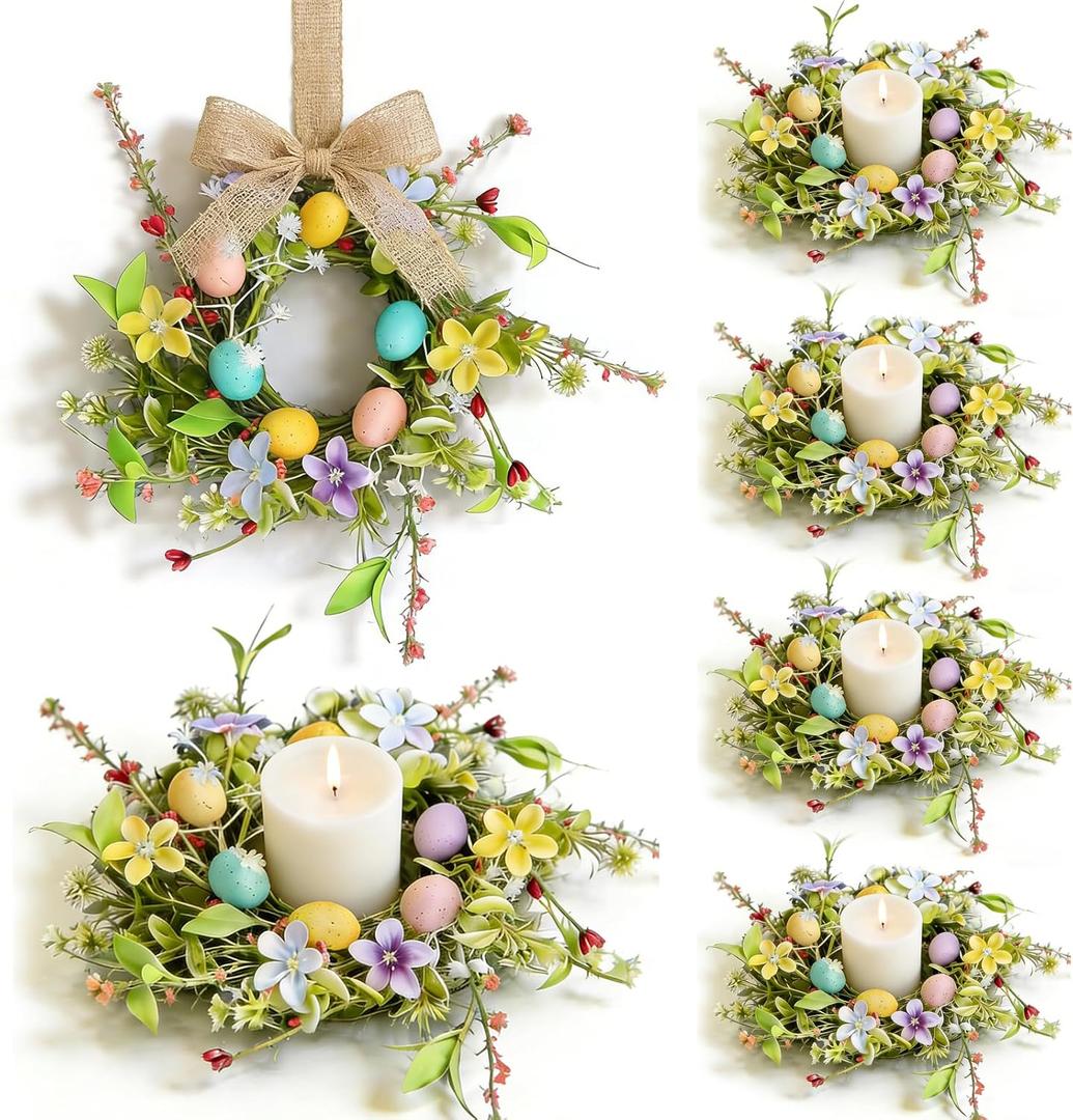 6 Pcs Easter Small Candle Rings Wreaths Mini Pillar Candle Holder Wreath with Eggs and Flowers Artificial Spring Pink Wreath for Home Kitchen Front Door Window Porch Wall Table Cnterpieces