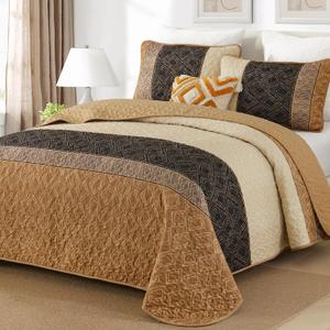 Cottolester Brown Quilt Set King Size 3 Pieces,Boho Striped Bedspread,Farmhouse Plaid Bedding Set Soft Microfiber Quilt with 2 Pillow Shams 110"x90"