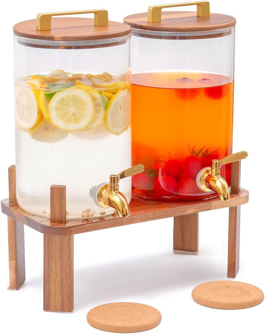 2 PACK 1 Gallon Glass Beverage Dispenser with Wooden Stand, Drink Dispenser with Stainless Steel Leak-Proof Spigot, Juice & Lemonade Dispenser for Iced Tea, Parties, Weddings
