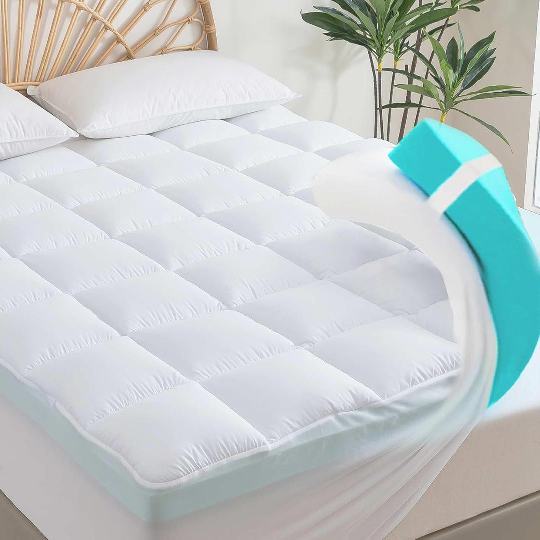Memory Foam Mattress Topper Twin 2inch+2inch, Pressure-Relieving Bed Topper with Secure Strap Design for Back Pain, Soft and Supportive, Shredded Memory Foam (White+Blue)