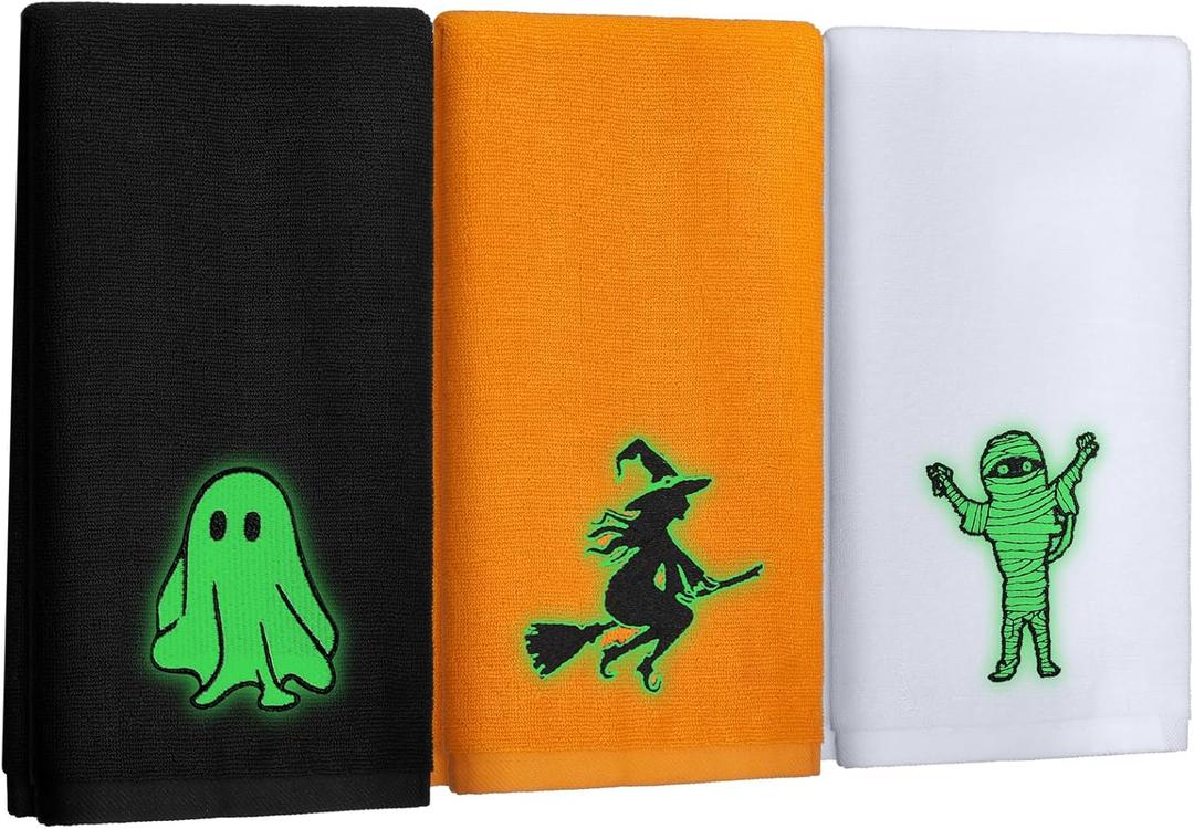 3 Pcs Halloween Glow in The Dark Hand Towels Halloween Embroidered Ghost Witches Skeleton Towels Gift for Kitchen Home Bathroom Summer Bar Decor