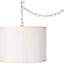 2 Pack White Linen Drum Shade Hanging Pendant Light Fixture with Black Pole, 2-Pack