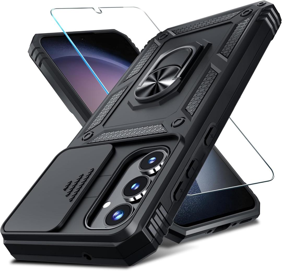 Janmitta Compatible with Samsung Galaxy A35 5G Case Built in Slide Camera Lens Cover+Screen Protector+Finger Ring Holder Kickstand,Heavy Duty Shockproof Full Body Phone Cover,2024 Black (Samsung A35(6.6 Inch), y Black)