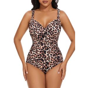Aqua Regina Plus Size Swimsuit for Women One Piece Bathing Suit Ruched Tummy Control Adjustable Swimwear (Brown/Leopard) L