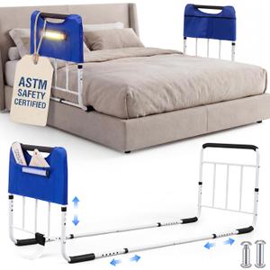 Double Bed Rail for Elderly Adults Safety, ASTM Compliant, Adjustable Bed Rail,U Bar with Sensor Light & Storage Pocket for Medical Bedside Safety Assisting Rails Fits Twin Full Queen Beds