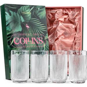 Vintage Flamingo Collins Gin and Rum Cocktail Glasses | Set of 4 | 12 oz Crystal Highball Glassware for Drinking Mojito, Gin Tonic, Bar Drinks | Tropical Glassware Collection