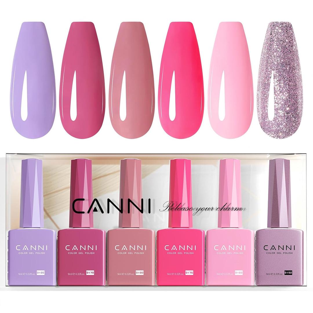 CANNI 6 Colors 9 ML Hema-Free Gel Nail Polish Set, PurPle Pink Glitter Gel Polish Set, Soak Off LED Nail Manicure Kit DIY at Home Salon Gifts,  2362-Sweet Romance