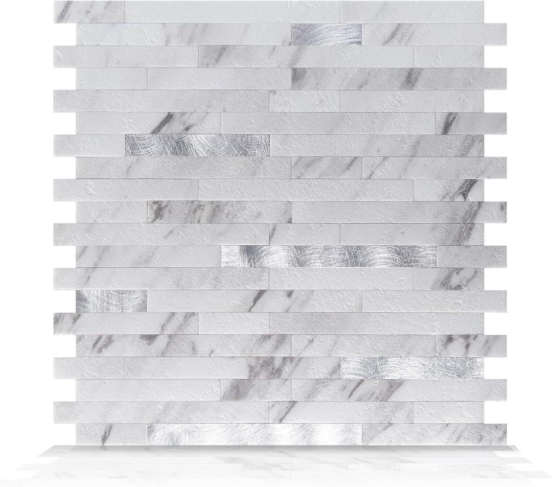 Art3d 10-Sheet Peel and Stick Stone Backsplash Tile for Kitchen, Bathroom - Volakas White Embellished with Metal Silver (11.7" x 11.5")