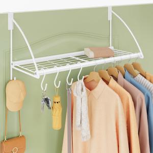 Tajsoon Over Door Clothes Hanger with Storage Rack and 6 Hooks, Extended Over The Door Clothes Rack for Hanging Coat for Bathroom, Bedroom, Living Room, White