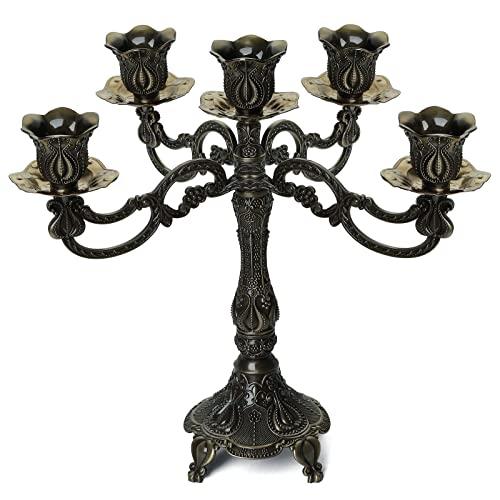 FANWNKI 5-Candle Metal Candelabra 10.3 Inch Tall Candlestick Candle Holders for Home Decor Wedding Christmas Church Halloween Party,Bronze Tulip