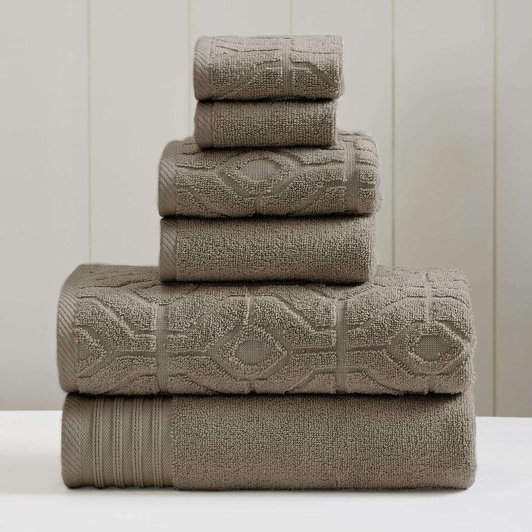 Modern Threads 6 Piece Set, 2 Bath Towels, 2 Hand Towels, 2 Washcloths Yarn Dyed Diamond Gate Jacquard Towel Set Taupe