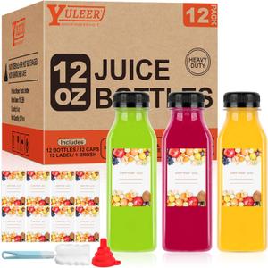 YULEER Plastic Juice Bottles with Caps 12PCS 12OZ Reusable Juice Bottles with Leakproof Lids, Brush, Funnel & Labels Clear Juice Containers for Juicing, Smoothies and Homemade Beverages